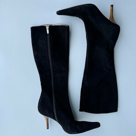 Claudia Ciuti Race Suede Kitten Heel Knee High Pointed Toe Boots Brown 6M - Picture 1 of 8